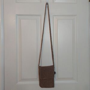 The Sak Brown Crocheted Flap Crossbody Bag Bohemian Hippie Hipster Swing Pack